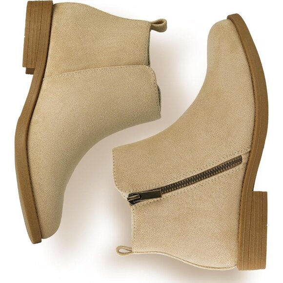 Women's Beige Sand Ankle Boots Short Flat Low Heel Dress Chelsea Casual Classic - Picture 4 of 9
